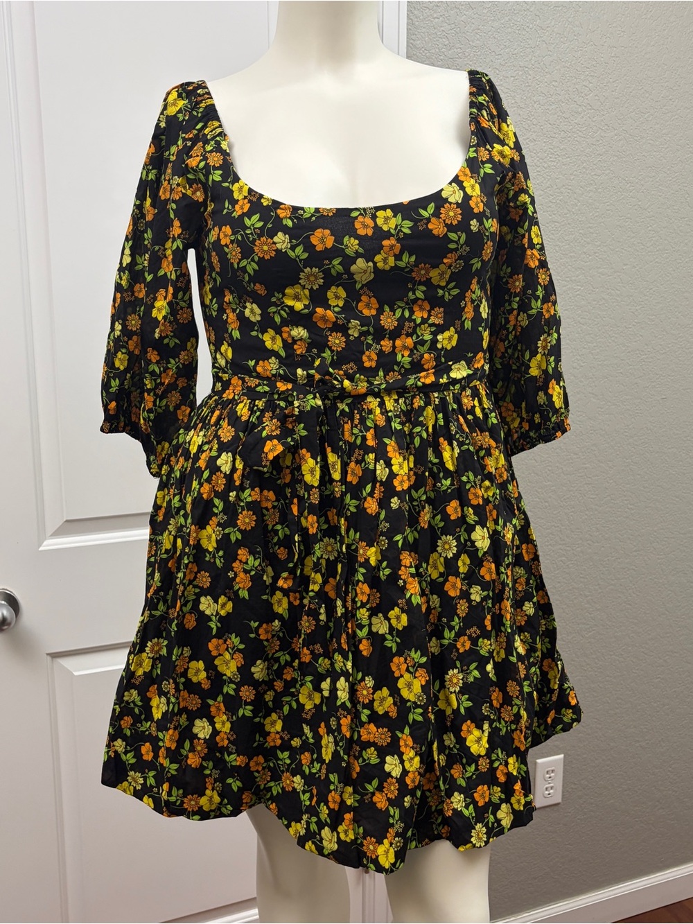 Bohemian Traders XL 100% Cotton Floral Mini Dress | Self-Tie Waist